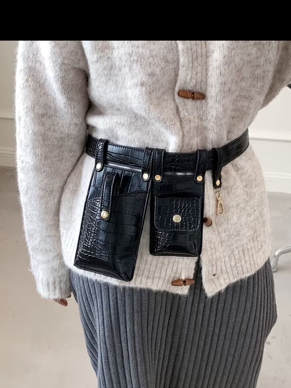 Black Croc-Embossed Multi-Pouch Belt Bag - Picture 2 of 6